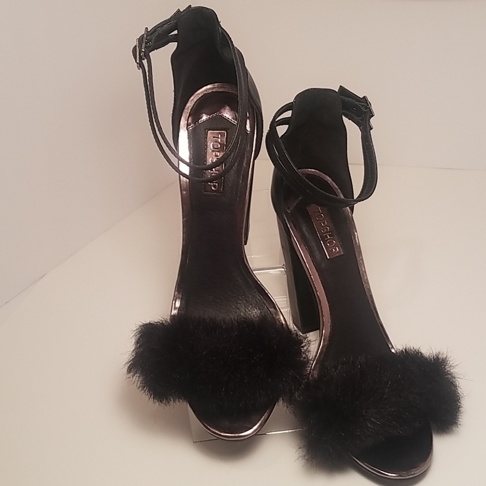 TOPSHOP 4.25" heel, 8.5/9M, blk leather, open toe
